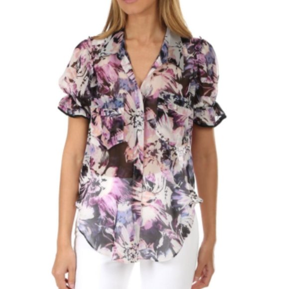 Misa Los Angeles Tops - Misa Los Angeles Lara Button Blouse in White and Purple Floral NWT